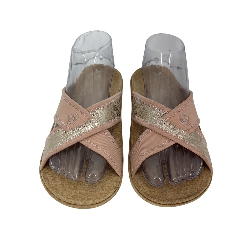 Spenco Yumi Sandals Womens Size 7 Pink Gold Cross Strap‎ Orthotic Comfort Shoes